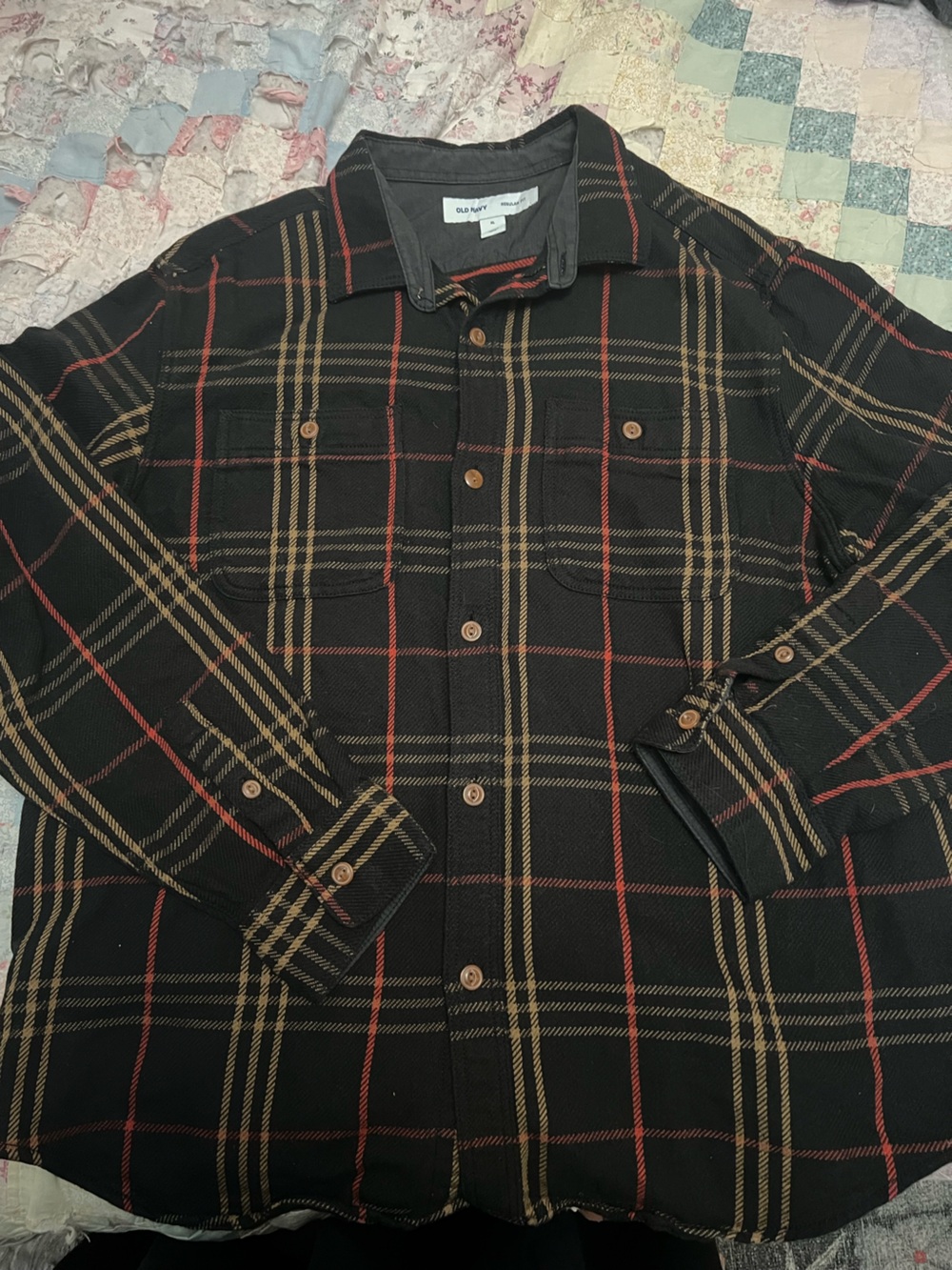 Old Navy Black Plaid Button-Down Shirt with Red & Tan Stripes